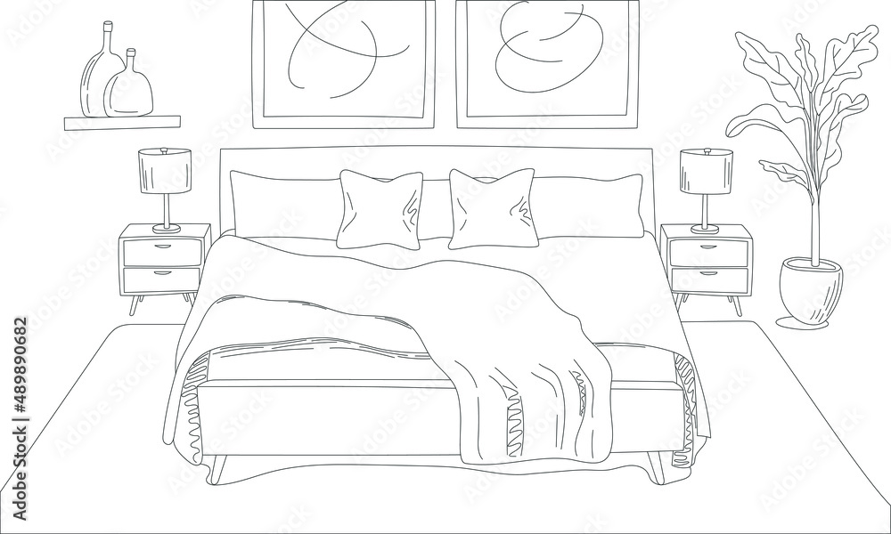 Bedroom Interior illustration line art sketch drawing with king size bed  and a blanket, interior lamps
