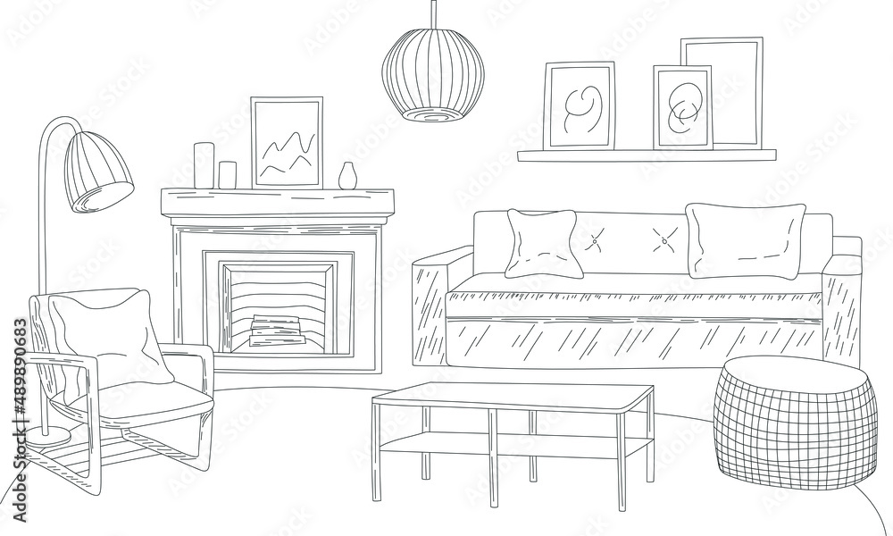 Living room Interior illustration line art sketch drawing with fireplace, an armchair, sofa, interior lamps and framed art on wall. Vector image concept illustration of Interior. Living room Interior illustration line art sketch drawing with fireplace, an armchair, sofa, interior lamps and framed art on wall. Vector image concept illustration of Interior.