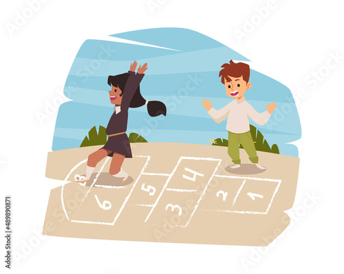Active kids having fun playing hopscotch outdoors, vector illustration isolated.