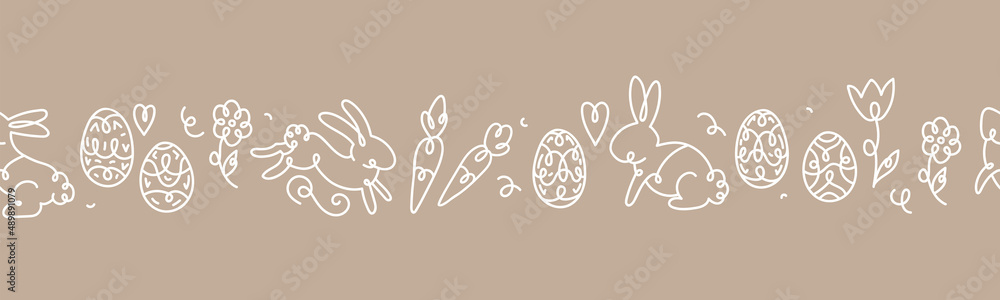 Cute hand drawn Easter seamless pattern with bunnies, eggs and decoration, great for textiles, banners, wallpapers, wrapping - vector surface design - obrazy, fototapety, plakaty 