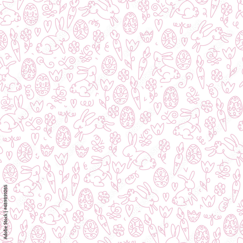 Cute hand drawn Easter seamless pattern with bunnies, eggs and decoration, great for textiles, banners, wallpapers, wrapping - vector surface design