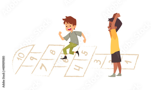 Two boys playing hopscotch active sport game, flat vector illustration isolated.