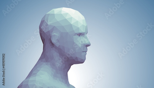 Human head, low poly style 3d vector wireframe object broken into different particles.