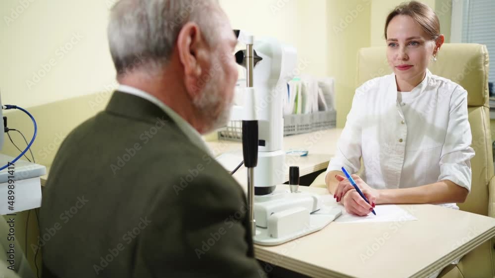 doctor interviews elderly man before being examined in ophthalmologist's office. doctor interviews elderly man before being examined in ophthalmologist's office.