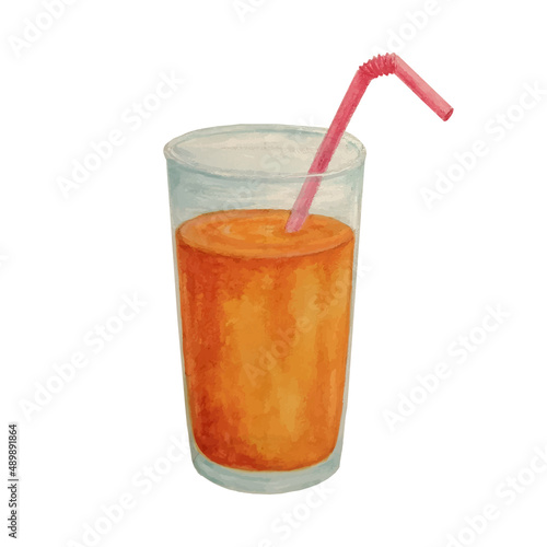 Orange juice watercolor. A glass of orange juice with a straw isolated on a white background. Vector