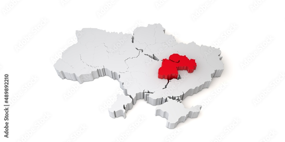 3d map of Ukraine showing the region of Dnipropetrovsk in red. 3D Rendering 3d map of Ukraine showing the region of Dnipropetrovsk in red. 3D Rendering