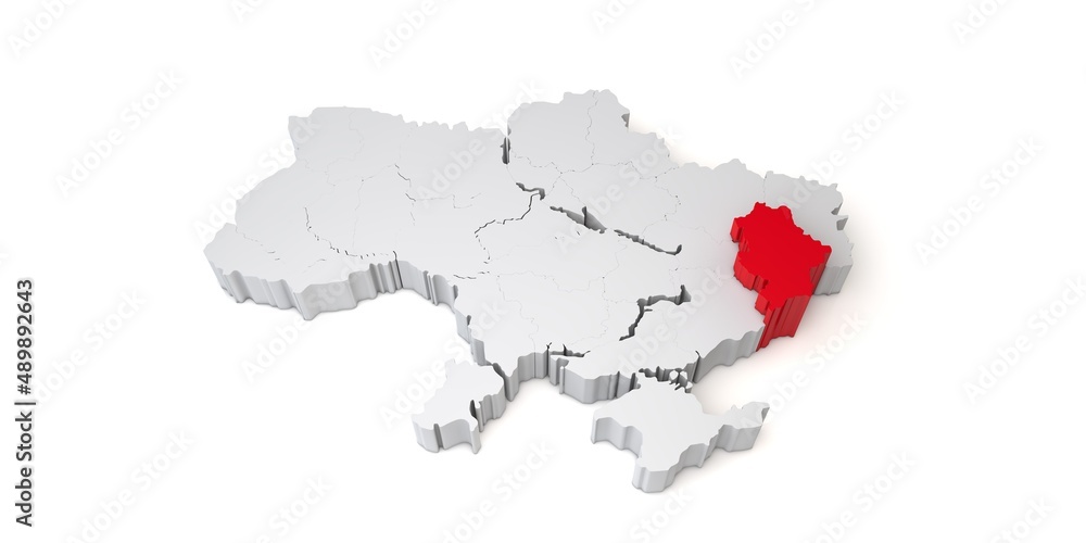 3d map of Ukraine showing the region of Donetsk in red. 3D Rendering