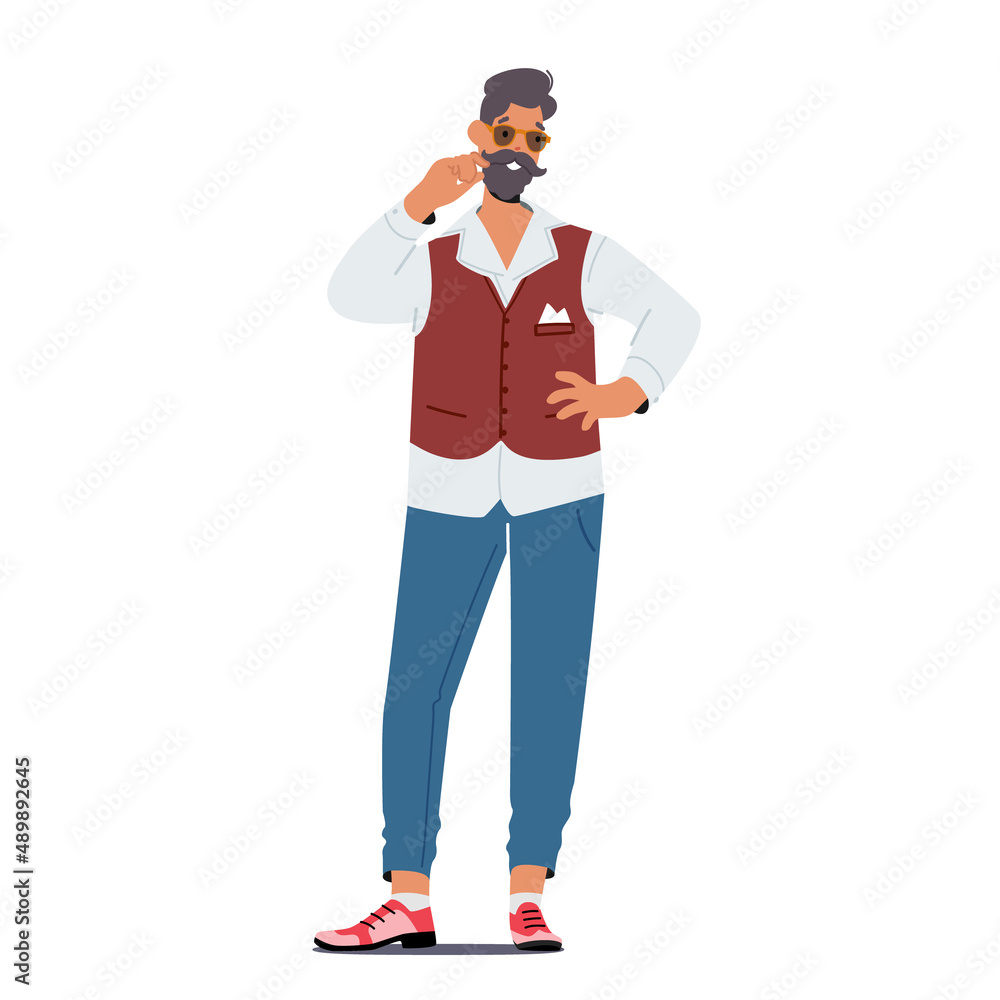 Trendy Mature Gentleman with Cool Beard and Mustaches Wear Trendy Clothes. Stylish Male Character in Fashionable Jeans Trendy Mature Gentleman with Cool Beard and Mustaches Wear Trendy Clothes. Stylish Male Character in Fashionable Jeans