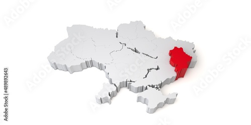 3d map of Ukraine showing the region of Donetsk in red. 3D Rendering photo