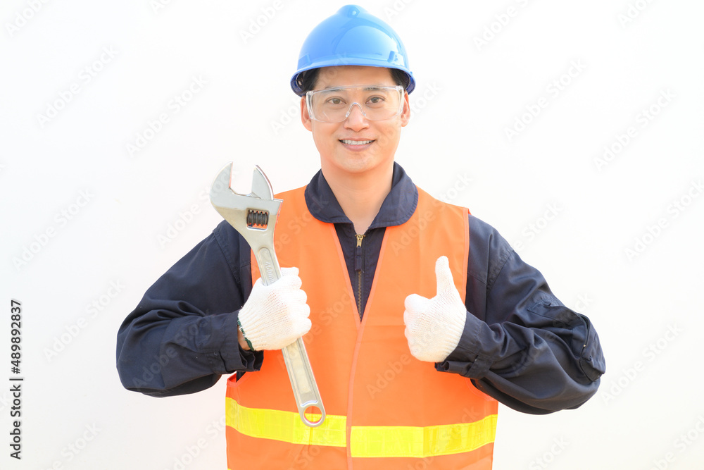 Man hold adjustable wrench tools on white background. Man hold adjustable wrench tools on white background.