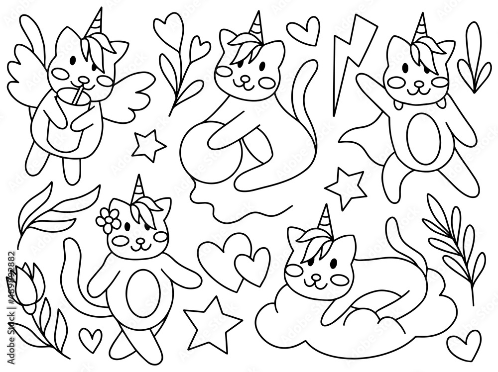 Cat Unicorn Doodle Line Art Collection