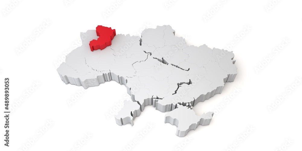 3d map of Ukraine showing the region of Rivne in red. 3D Rendering