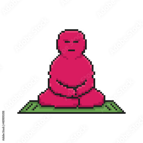 Illustration of a cartoon character in meditative pose in pixel art style