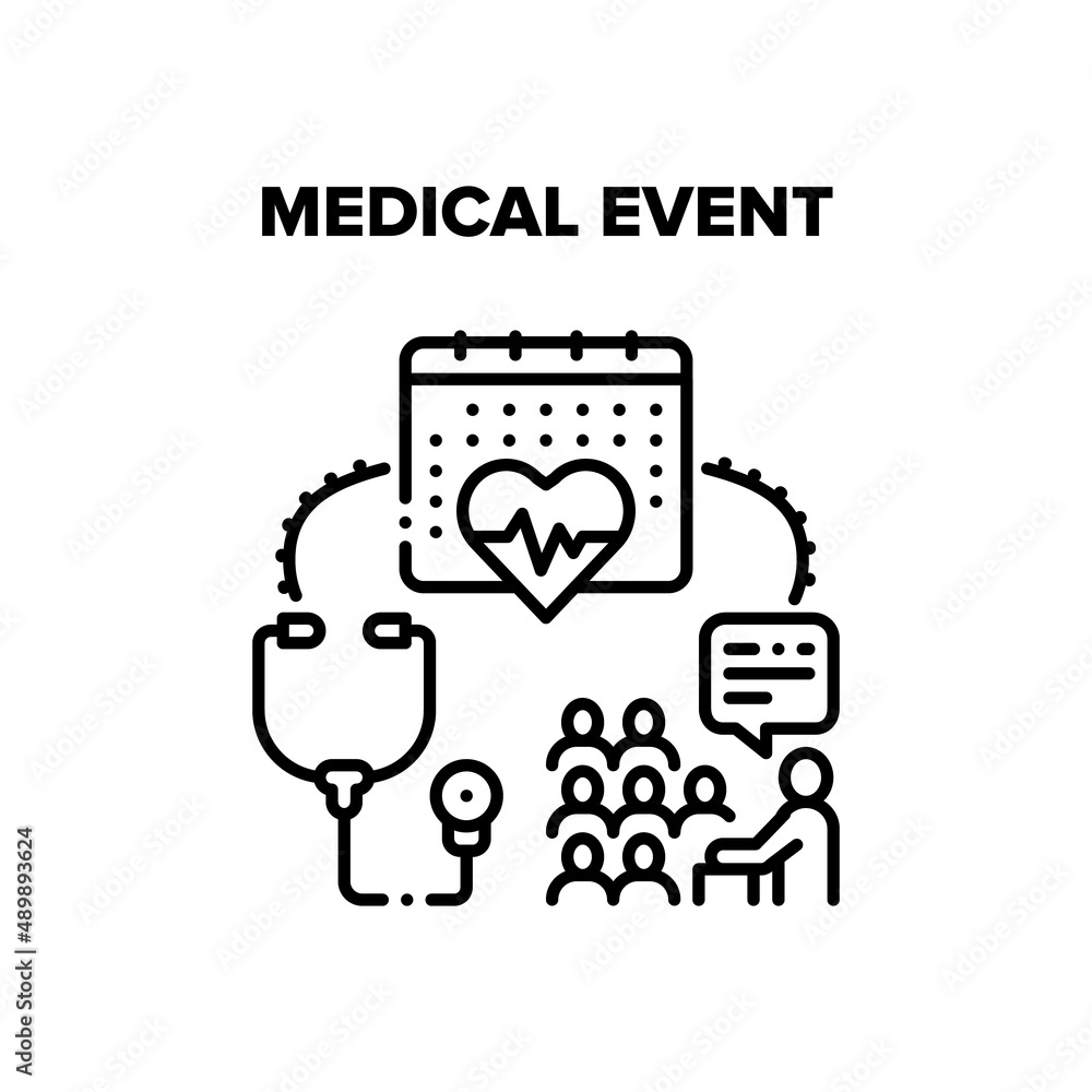 Medical Event Vector Icon Concept. Doctor And Scientist Conference Or Educational Lecture Medical Event. Medicine Workers Meeting And Education Learning Seminar, Audiance In Class Black Illustration Medical Event Vector Icon Concept. Doctor And Scientist Conference Or Educational Lecture Medical Event. Medicine Workers Meeting And Education Learning Seminar, Audiance In Class Black Illustration