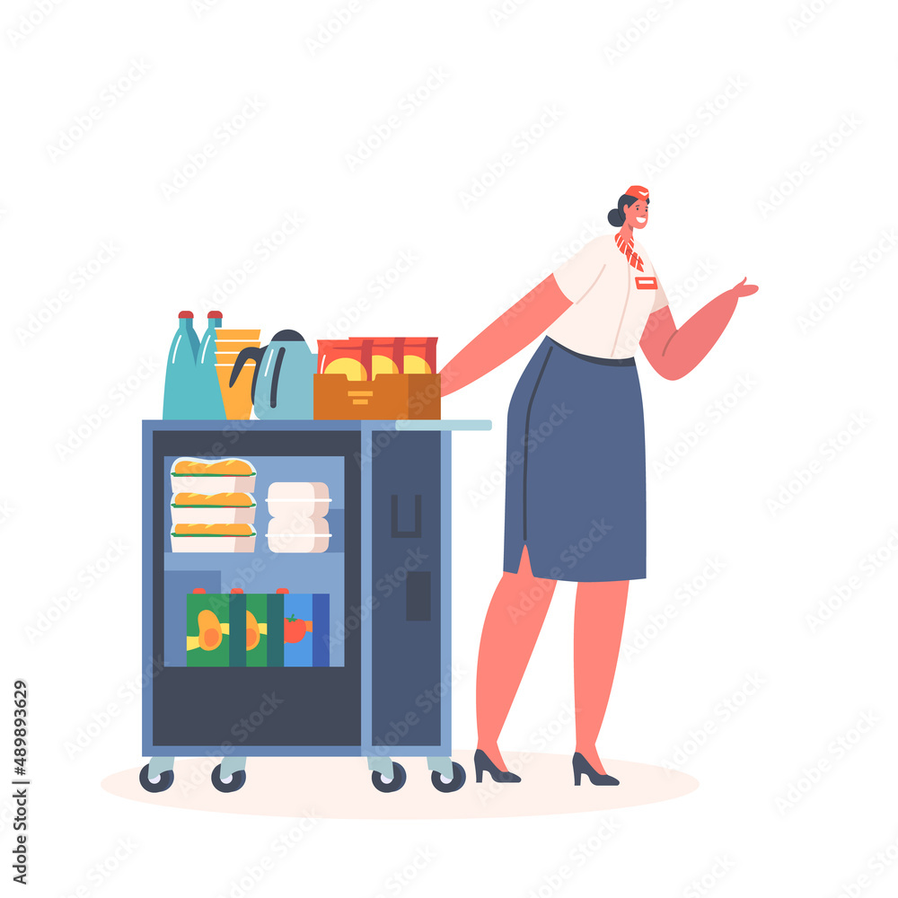 Flight Attendant, Airline Staff, Stewardess Push Trolley with Drinks