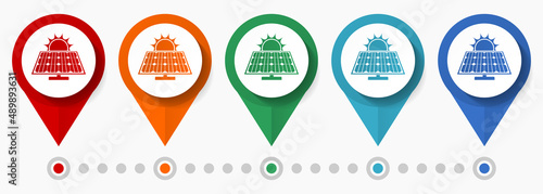 Solar energy, photovoltaic concept vector icon set, flat design renewable power pointers, infographic template easy to edit