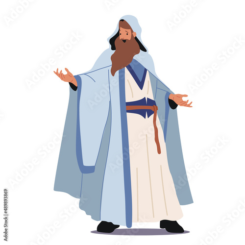 Magician Wizard Character Wear Long White Robe and Cloak with Hood Making Spell. Medieval or Fairy Tale Personage