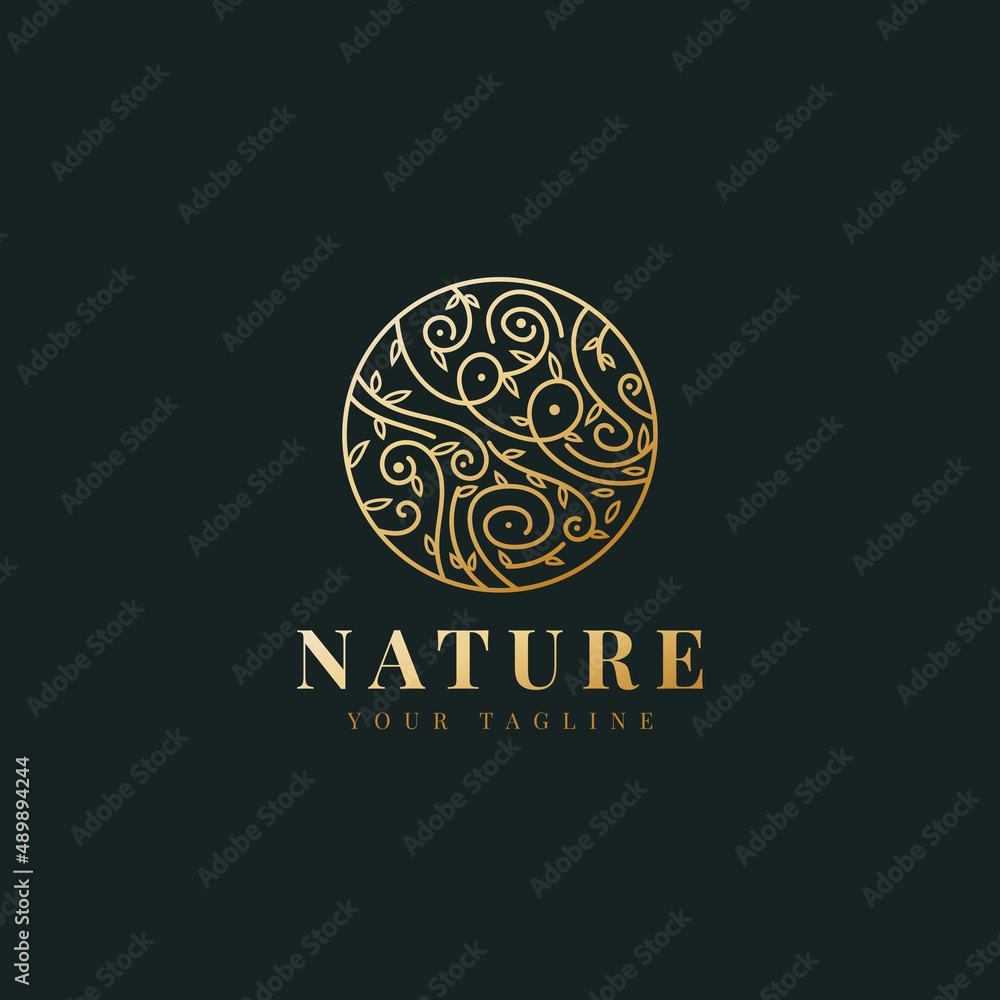 Gold Spiral Tree Leaves Nature Rounded Pattern Logo Design Template Gold Spiral Tree Leaves Nature Rounded Pattern Logo Design Template