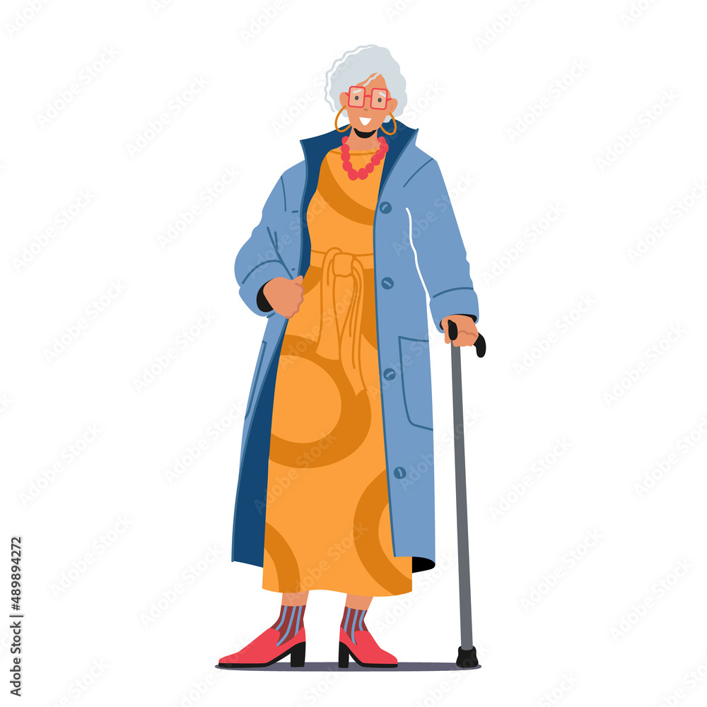Φωτογραφία Trendy Old Lady with Walking Cane, Aged Female Character Wear Fashionable Clothe