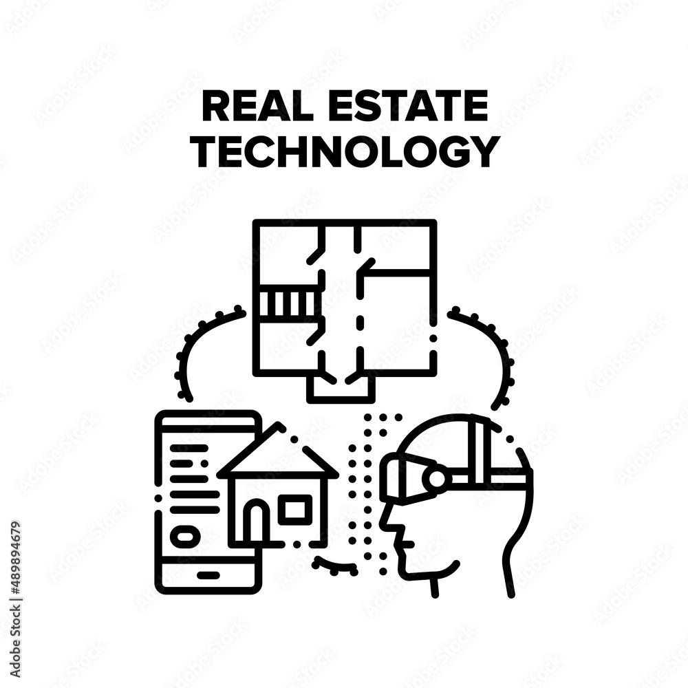 Real Estate Technology Vector Icon Concept. Engineer Watching Apartment Plan Project In Vr Glasses And Choosing House In Smartphone Application Online, Real Estate Technology Black Illustration