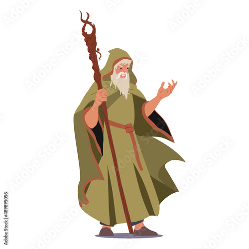 Fairy Tale Magician, Wizard Character Wear Long Robe, Cape with Hood Holding Wooden Magic Staff. Warlock with Beard