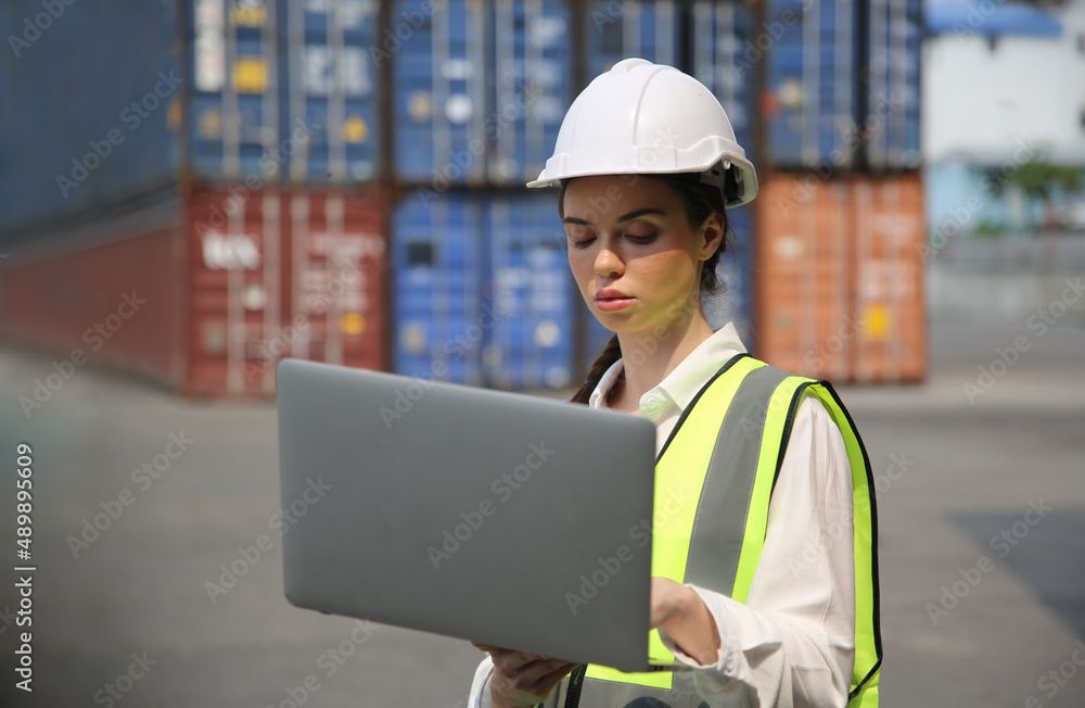 Foreman control Industrial Container Cargo freight ship at industry. Transportation and logistic. Foreman control Industrial Container Cargo freight ship at industry. Transportation and logistic.