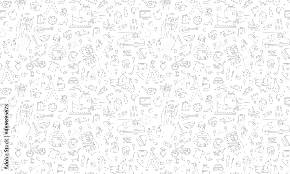 Mobile app courier delivering online shop order seamless pattern. Mobile app courier delivering online shop order seamless pattern.