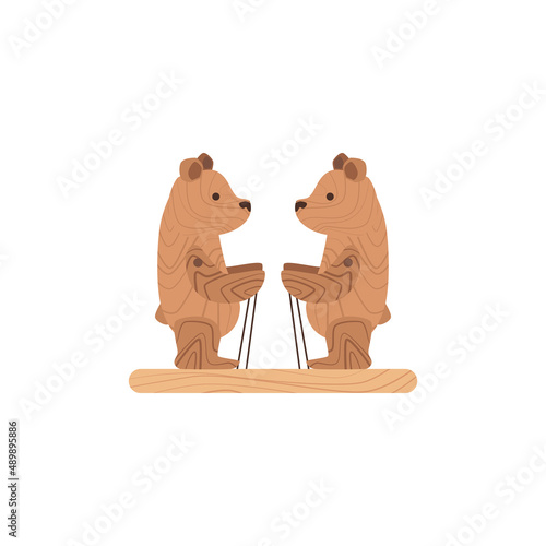 Wood retro toy for kid, two wooden bears in flat vector illustration isolated