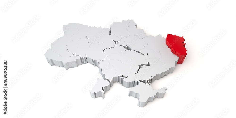 3d map of Ukraine showing the region of Luhansk in red. 3D Rendering