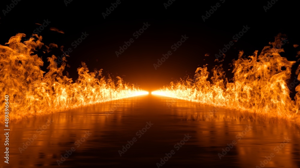 3d rendering, abstract black background with wet long road on fire, blazing flames