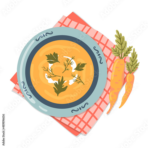 Carrot puree soup and cream swirl and leaves in a blue plate. Fresh vegan healthy vegetable broth. Dish of the day. Proper nutrition. Vector illustration for menus, advertisements, websites.