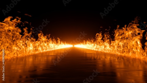 Canvastavla 3d rendering, abstract black background with wet long road on fire, blazing flam