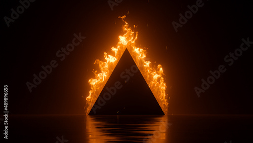 Fotografie 3d render, abstract background with black triangle frame on fire, blazing flame