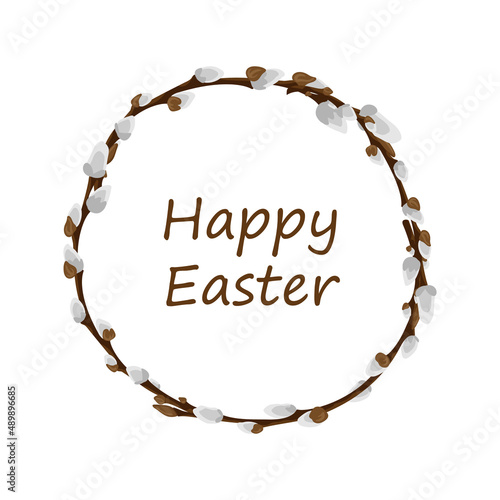 Easter pussy willow wreath. Spring branches vignette. Happy Easter card. Vector design elements isolated on white background