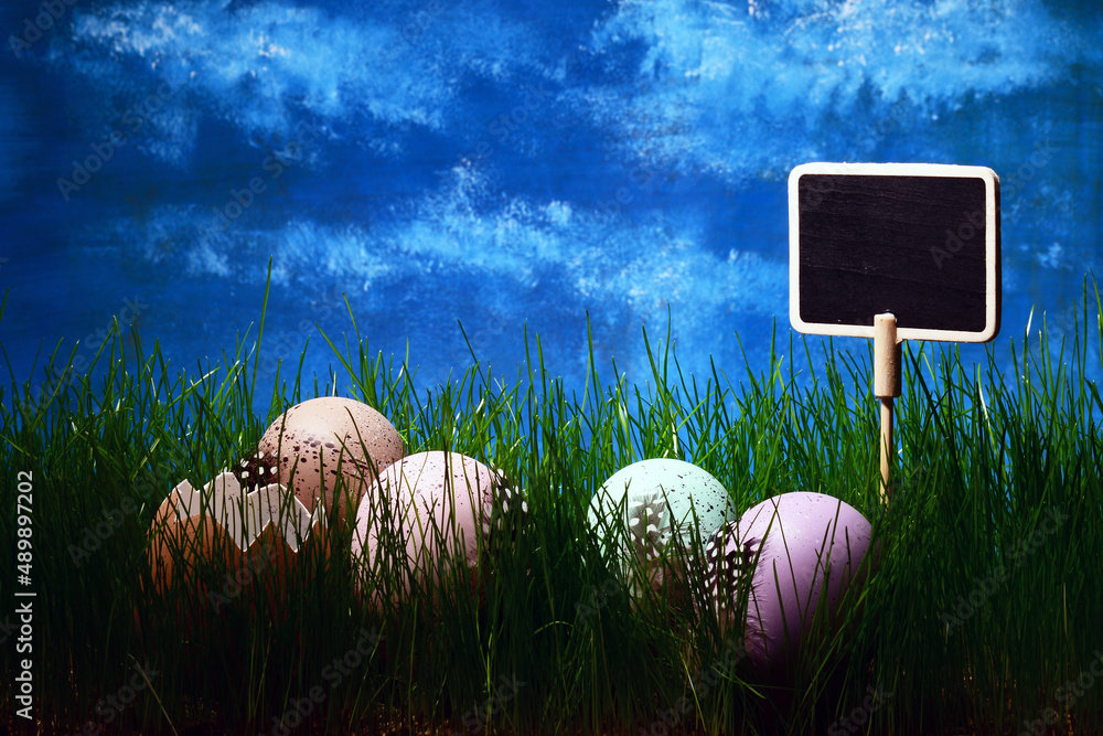 Jajka w Trawie jako symbol świąt Wielkanocnych. Święta wielkanocne to symbol radości, emocji, religii i wielkie emocje. zmartwychstanie, wybaczenie, miłość. - obrazy, fototapety, plakaty 