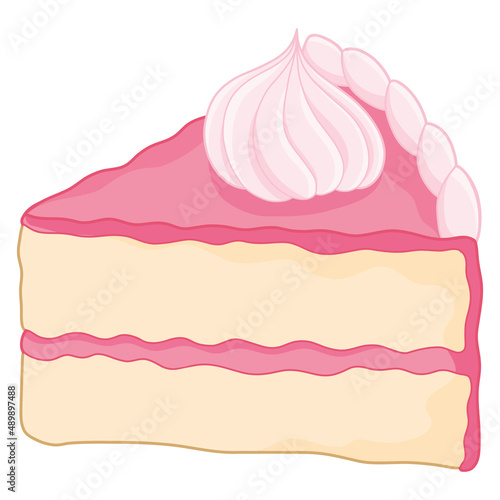 Cake slice decorated with pink strawberry frosting and whipped cream