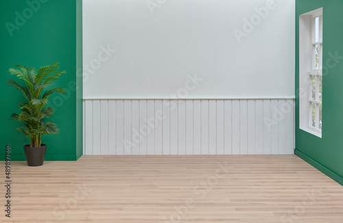 Modern room white wall background concept, desk chair plant object, brown parquet decor, interior style.