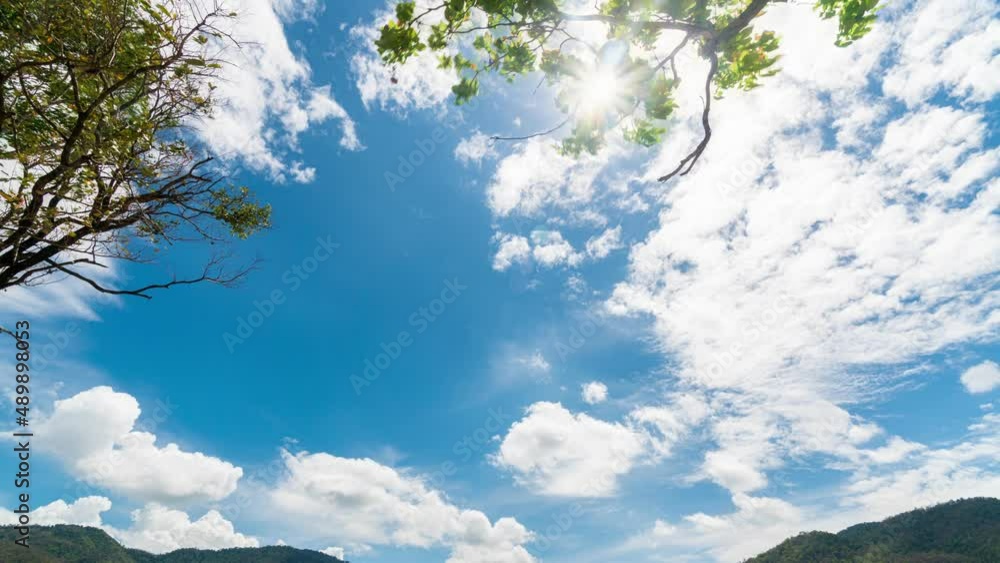 Time-lapse of beautiful blue sky with clouds and tree background Time-lapse of beautiful blue sky with clouds and tree background