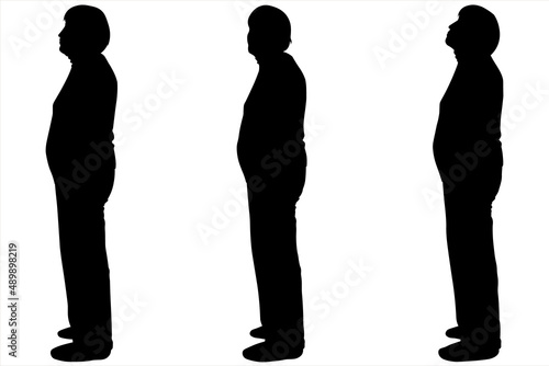 The woman stands straight without moving. Side view. Pensioner in trousers and blouse. An older woman stands and looks up, down, forward. Woman silhouette in black color isolated on white background. 