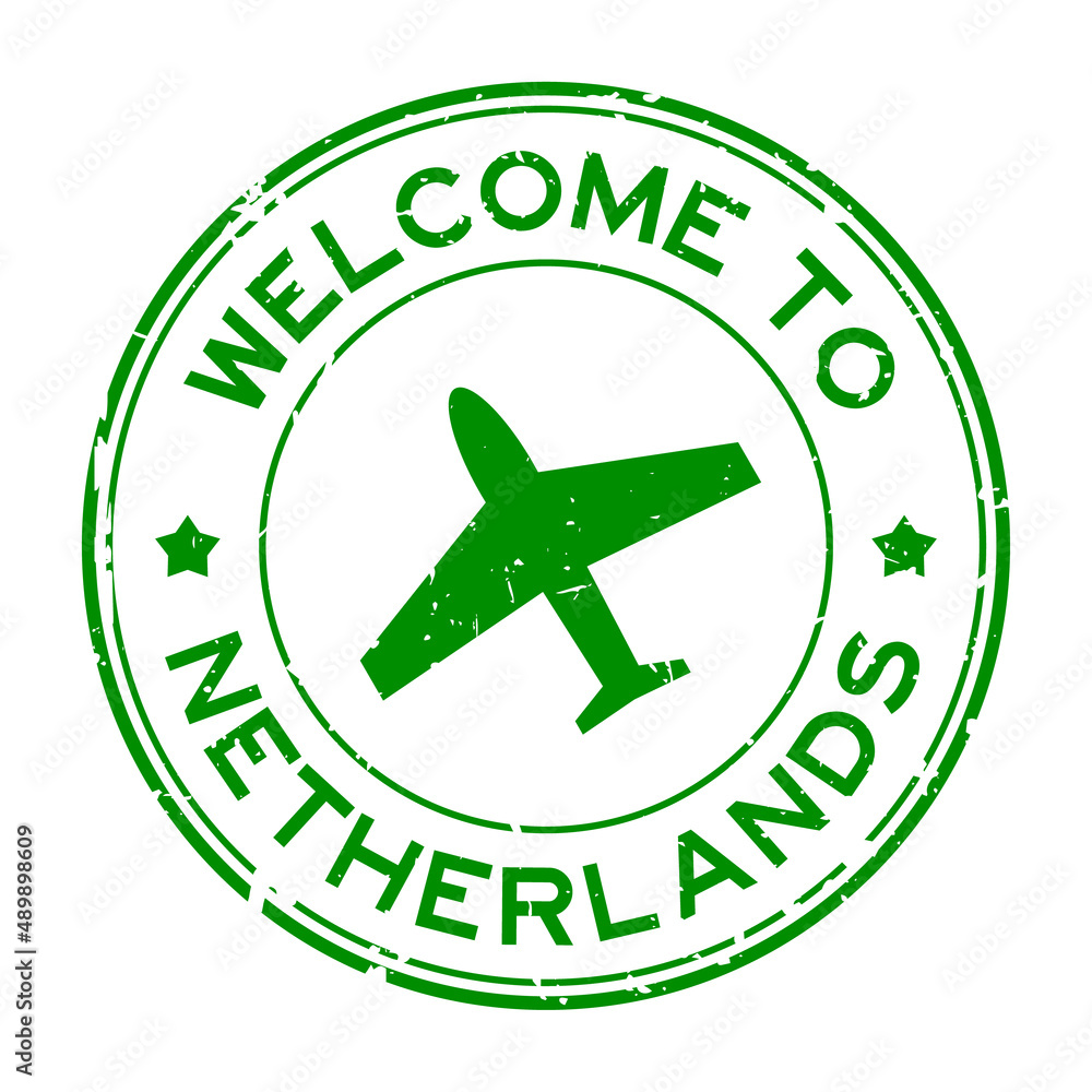 Grunge green welcome to Netherland word with airplane icon round rubber seal stamp on white background Grunge green welcome to Netherland word with airplane icon round rubber seal stamp on white background