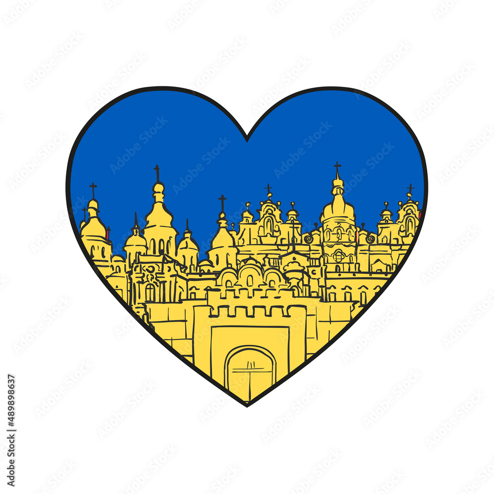 Obraz premium Kyiv famous buildings in blue yellow heart icon