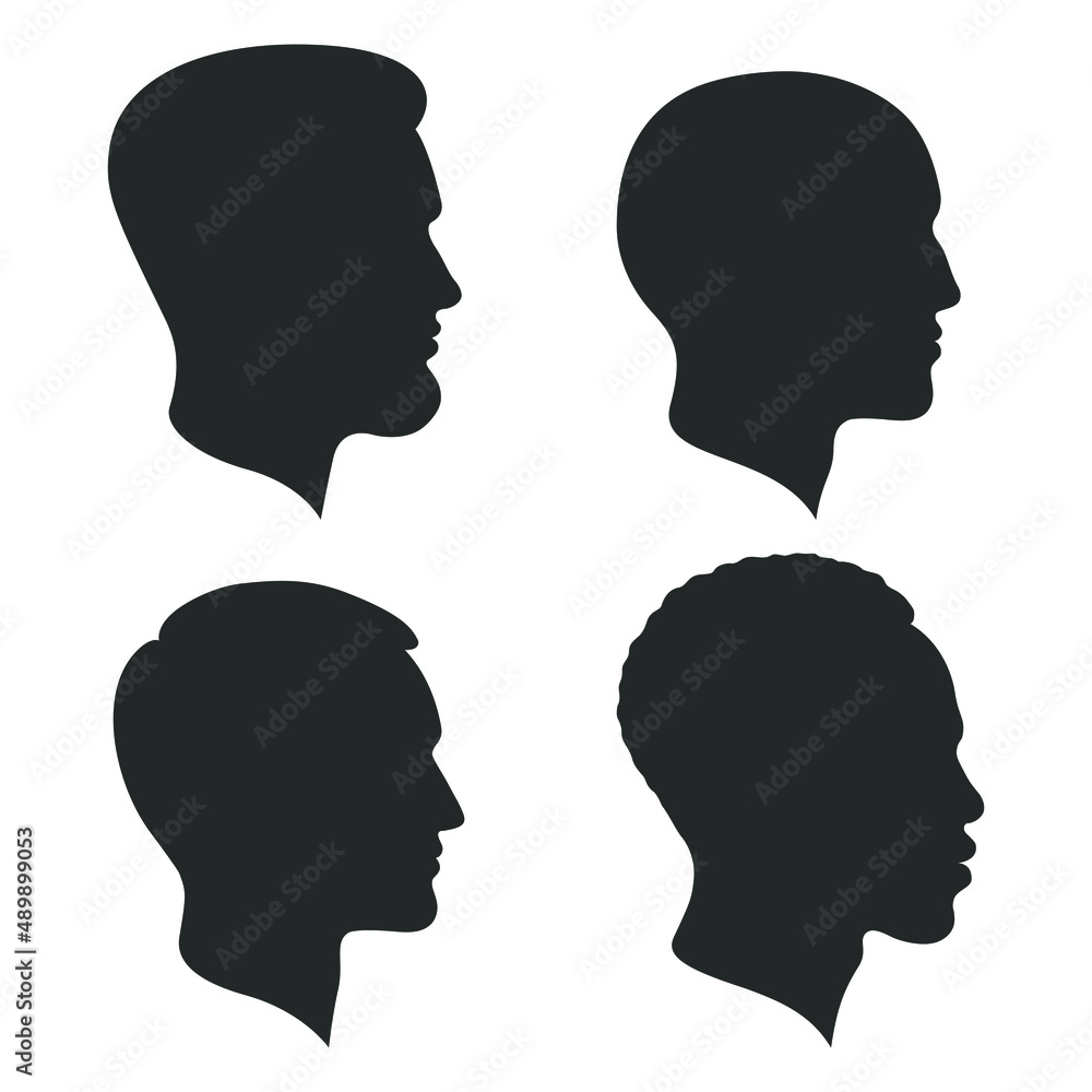Men heads graphic icons set. Male silhouettes isolated on white background. Collection different human. Vector illustration