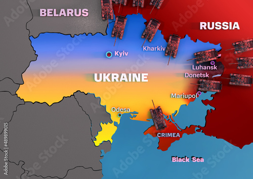 Ukraine war map with russian combat tanks. War crisis, military intervention in Ukraine. Russia invades Ukraine. Ukraine fight against Russia; EU, USA new sanctions. Europe geopolitical conflict, 3D photo