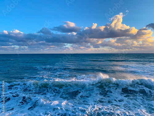 Beautiful vivid seascape  sea horizon  waves with sea foam