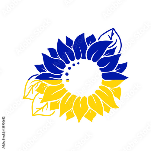 Yellow blue sunflowers with leaves in silhouette isolated on white. Hand drawn floral vector flat illustration. Summer flower clipart. Stencil design for greeting card, invitation, banner