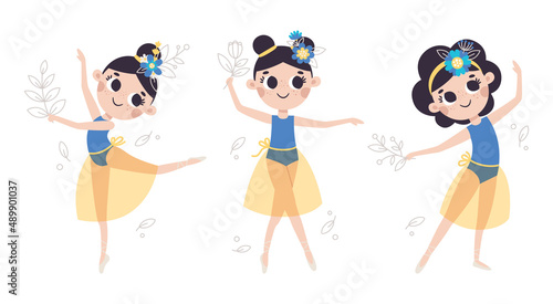 Ukrainian dancing girl ballerinas with flowers, leaves, plants in national colors of Ukraine. Happy Independence, Constitution day. Vector illustration