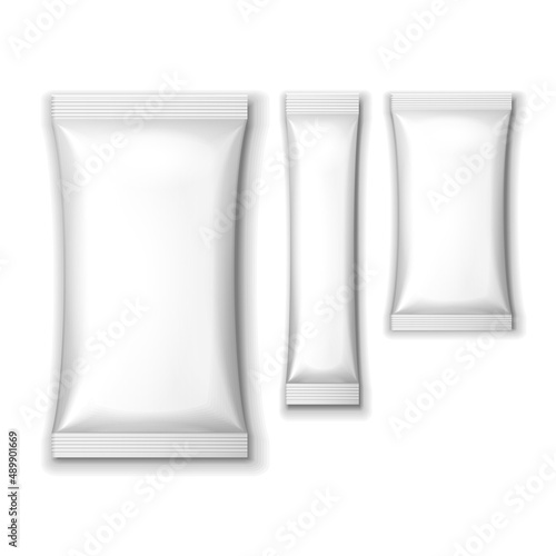 Mockup White Blank Foil Packaging Sachet Coffee, Salt, Sugar, Pepper Or Spices Stick Plastic Pack. Mock Up, Template Ready For Your Design. Illustration Isolated On White Background. Vector EPS10