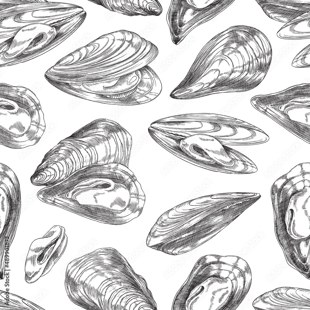 Mussel hand drawn seamless pattern, monochrome sketch vector illustration on white background. Mussel hand drawn seamless pattern, monochrome sketch vector illustration on white background.
