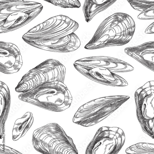 Mussel hand drawn seamless pattern, monochrome sketch vector illustration on white background.