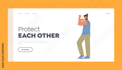 Covid Prevention Landing Page Template. Vaccinated Positive Male Character with Patch on Shoulder Demonstrate Power